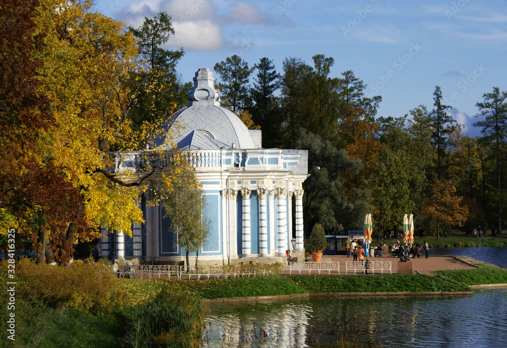 Historic building, architecture in the autumn park St. Petersburg, Russia.