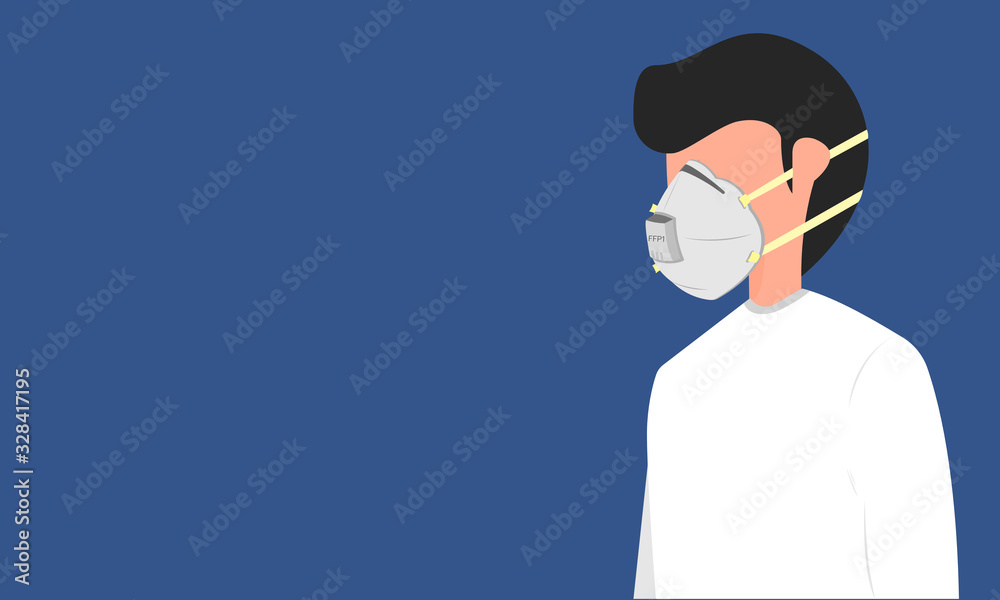 Man wearing ffp1 mask for prevent virus and dust, Air pollution, Contaminated air. Flat design Man wearing ffp1 mask for prevent virus and dust, Air pollution, Contaminated air. Flat design