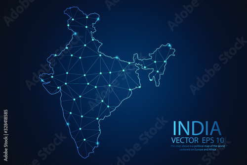 Abstract mash line and point scales on dark background with map of India. Wire frame 3D mesh polygonal network line, design sphere, dot and structure. Vector illustration eps 10.
