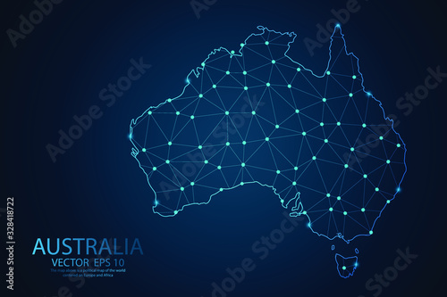 Abstract mash line and point scales on dark background with map of Australia. Wire frame 3D mesh polygonal network line, design sphere, dot and structure. Vector illustration eps 10.