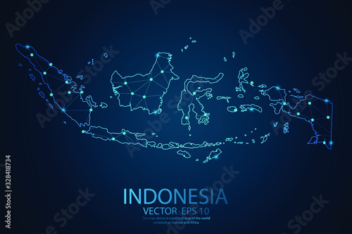 Abstract mash line and point scales on dark background with map of Indonesia. Wire frame 3D mesh polygonal network line, design sphere, map dot and structure. Vector illustration eps 10.