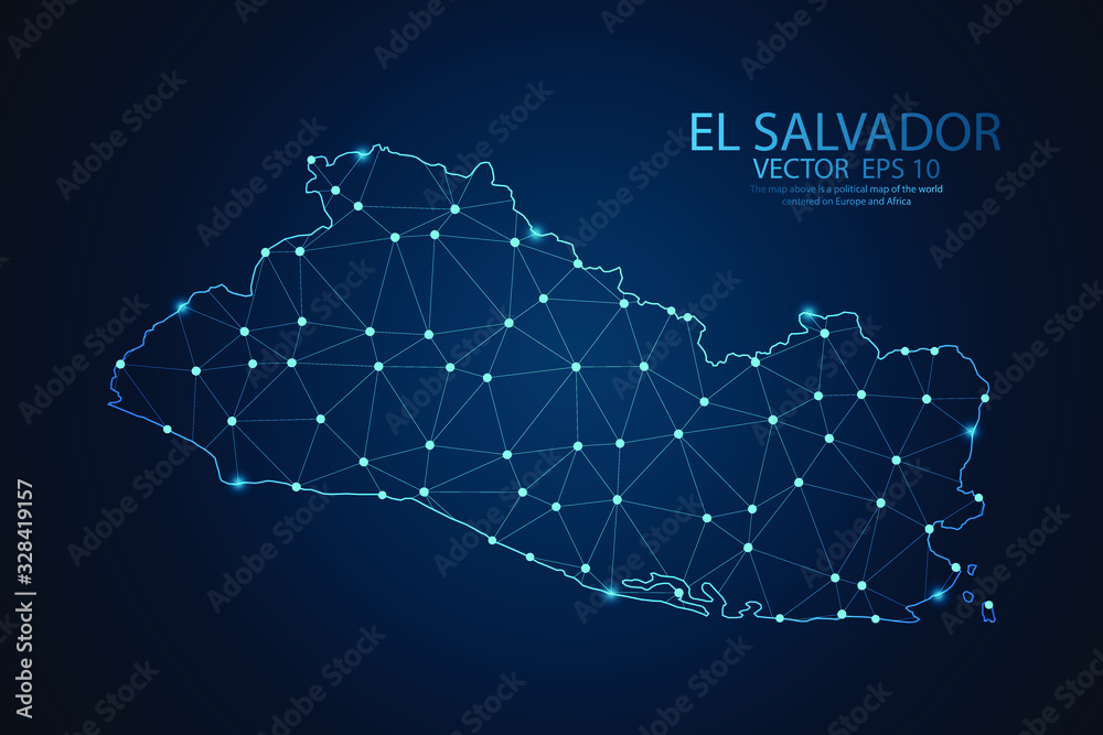 Fototapeta Streszczenie zacieru linii i punktowych łusek na ciemnym tle z mapą Salwadoru. Siatka z siatki drucianej 3D, wielokątna linia sieci, kula projektowa, kropka i struktura. Ilustracja wektorowa eps 10.
