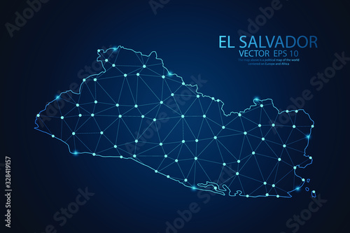 Abstract mash line and point scales on dark background with map of El salvador. Wire frame 3D mesh polygonal network line, design sphere, dot and structure. Vector illustration eps 10.