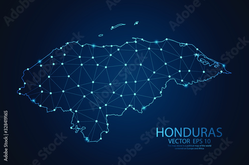 Abstract mash line and point scales on dark background with map of Honduras. Wire frame 3D mesh polygonal network line, design sphere, dot and structure. Vector illustration eps 10.