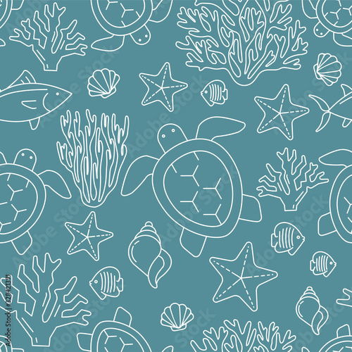 Sea Turtle and Fish. Colored Vector Patterns