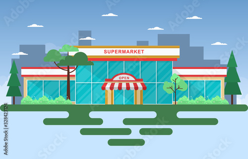 Fototapeta Naklejka Na Ścianę i Meble -  Supermarket Grocery Store Retail Shop Mall City Building Flat Illustration