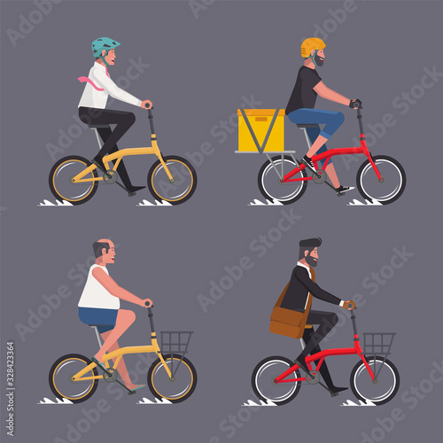 collection of male riding folding bicycles businessman courier hipster oldman