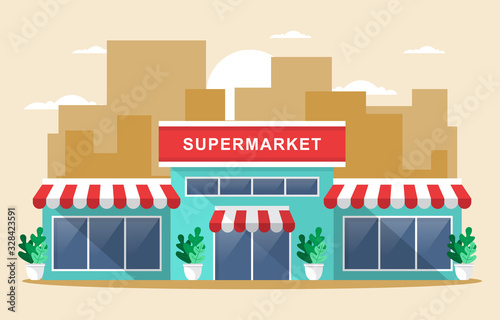Fototapeta Naklejka Na Ścianę i Meble -  Supermarket Grocery Store Retail Shop Mall City Building Flat Illustration