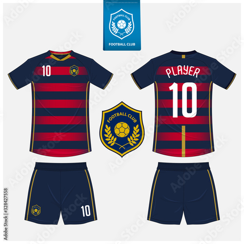 Soccer jersey or football kit mockup template design for sport club. Football t-shirt sport, shorts mock up. Soccer uniform in front view, back view . Football logo in flat design. Vector Illustration