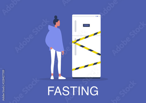 Young female character standing next to a fridge wrapped in a yellow tape, Fasting concept