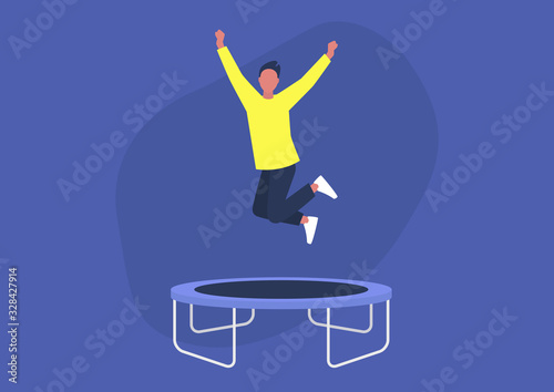 Young excited male character jumping on a trampoline and expressing positive emotions, having fun, good vibe