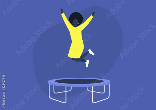 Young excited black female character jumping on a trampoline and expressing positive emotions, having fun, good vibe