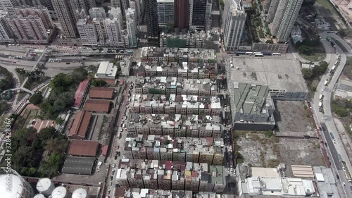 Hong Kong Kowloon Walled City, a densely populated slum, Aerial view.