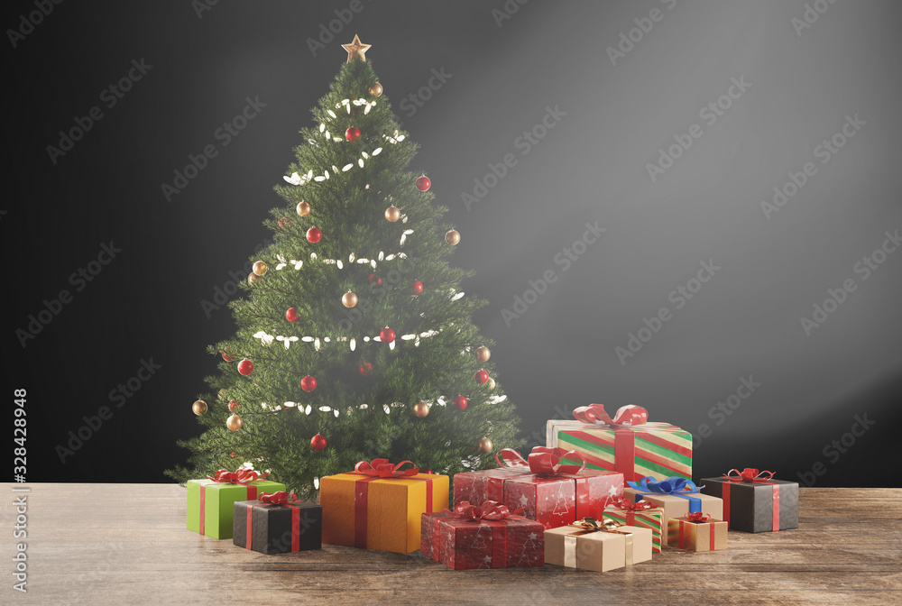 decorated christmas fir tree and presents 3d-illustration