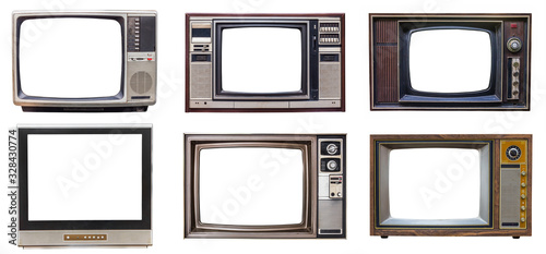 set of classic vintage retro style old television with cut screen, old tv isolated on white background photo