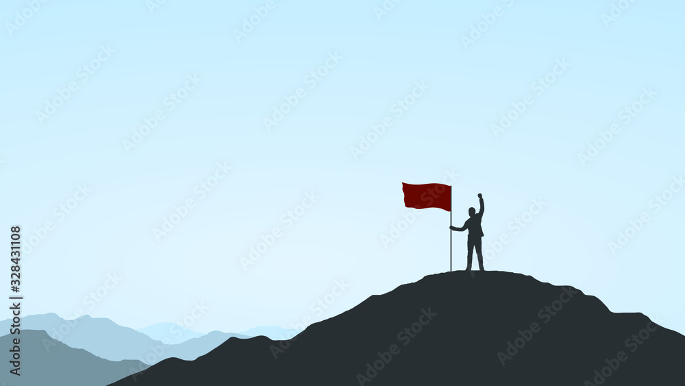 Silhouette of businessman holding a red flag on top mountain. Business, success, leadership, achievement and goal concept.