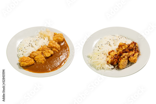 Japanese Rice curry with Fried Karaage Chicken and Karaage Topping On Rice Isolated on white background Clipping Path in side