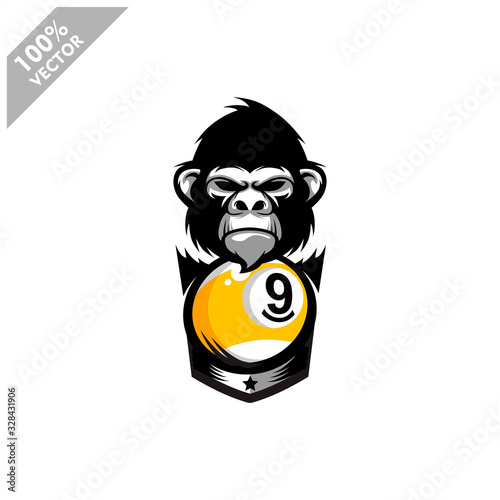 Billiard 9 ball Gorilla Monkey team logo design. Scalable and editable vector.	