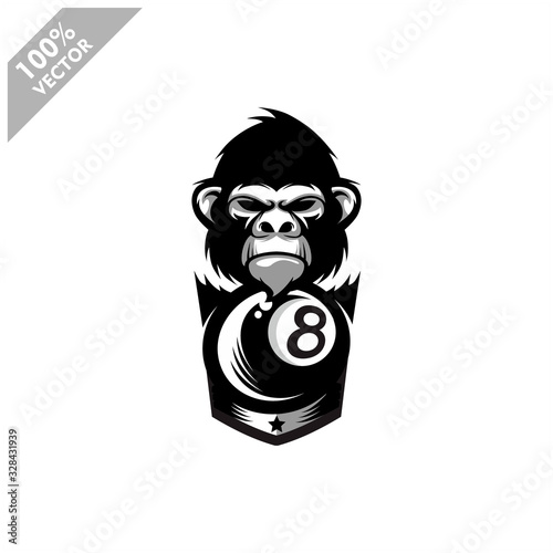Billiard 8 ball Gorilla Monkey team logo design. Scalable and editable vector.	