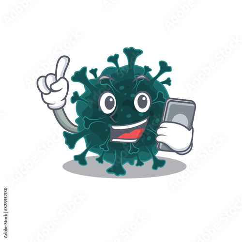 Mascot design of coronavirus COVID 19 speaking on phone