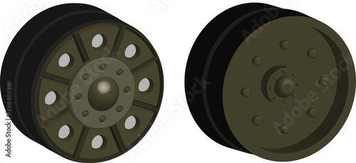 wheels of tracked tanks in natural colors in realistic 3D design on a transparent background, part of a set