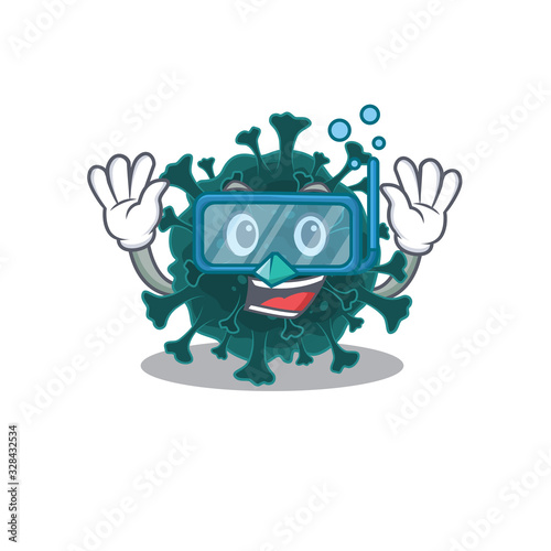 A cartoon picture featuring coronavirus COVID 19 wearing Diving glasses