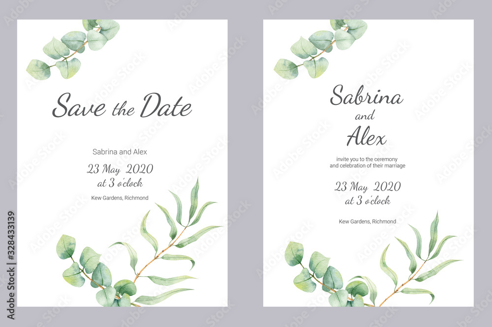 Watercolor eucapyptus wedding invitation. Set with invitation and Save the date card on white marble background. Wedding set.