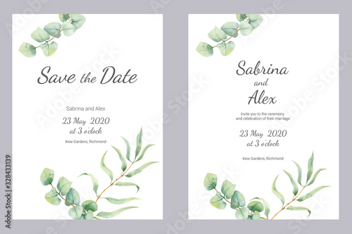 Watercolor eucapyptus wedding invitation. Set with invitation and Save the date card on white marble background. Wedding set.
