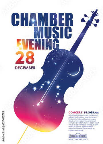 Classical music concert, online concert, evening, competition poster/banner design concept. Cello contour, evening sky and stars 