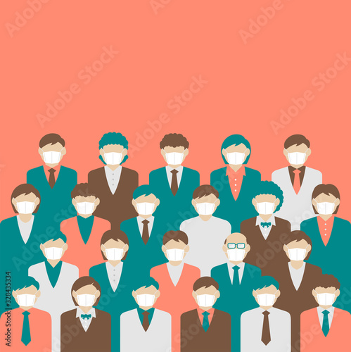 Faceless crowd wearing mask vector banner illustration / pandemic, Coronavirus (influenza , flu, hay fever etc.) prevention.