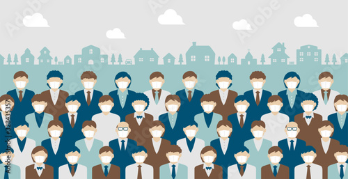 Faceless crowd wearing mask vector banner illustration / pandemic, Coronavirus (influenza , flu, hay fever etc.) prevention.