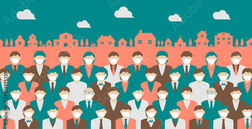 Faceless crowd wearing mask vector banner illustration / pandemic, Coronavirus (influenza , flu, hay fever etc.) prevention.