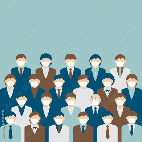 Faceless crowd wearing mask vector banner illustration / pandemic, Coronavirus (influenza , flu, hay fever etc.) prevention.