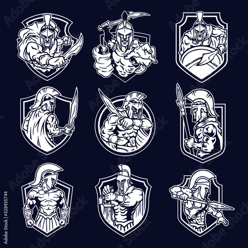Vector Illustration of monochrome Sparta Warrior Mascot Logo Emblem Character for Business Branding