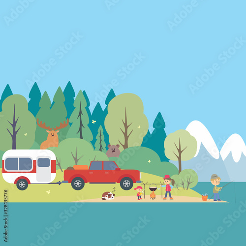 Camping life background. Woodland landscape. Colorful vector illustration.