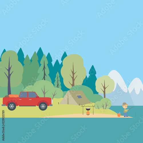 Camping life background. Woodland landscape. Colorful vector illustration.