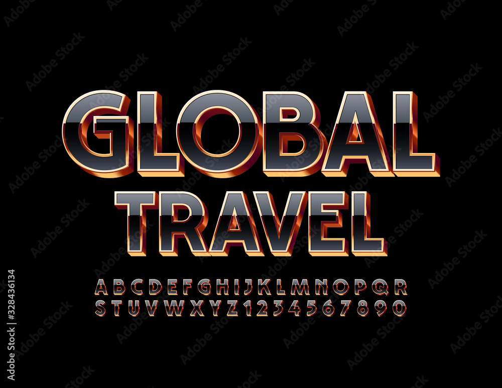 Vector shiny banner Global Travel. Gold and Black Alphabet Letters and Numbers. Premium 3D Font