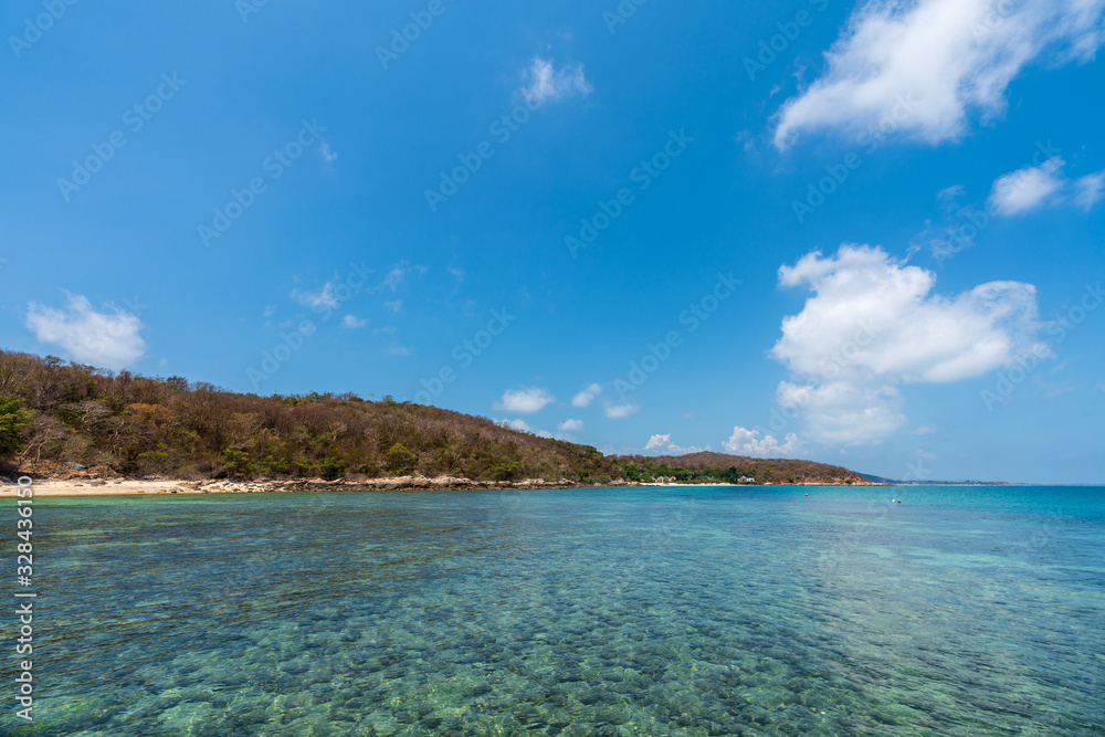 Fototapeta premium beautiful soft wave clear blue transparency sea ocean water and rocks at the bottom of the tropical paradise beach coast summer sea view at PP Island, Krabi, Phuket, Thailand.
