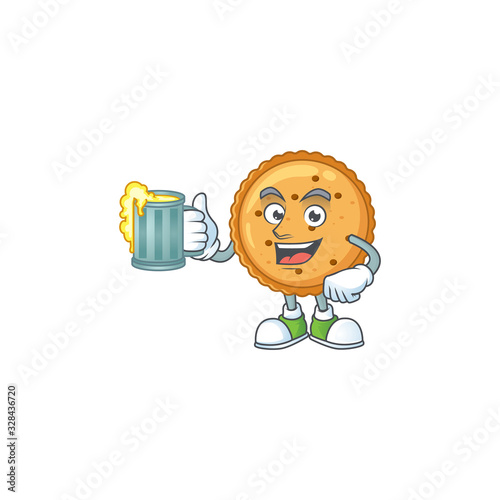 Smiley peanut butter cookies mascot design holding a glass of beer