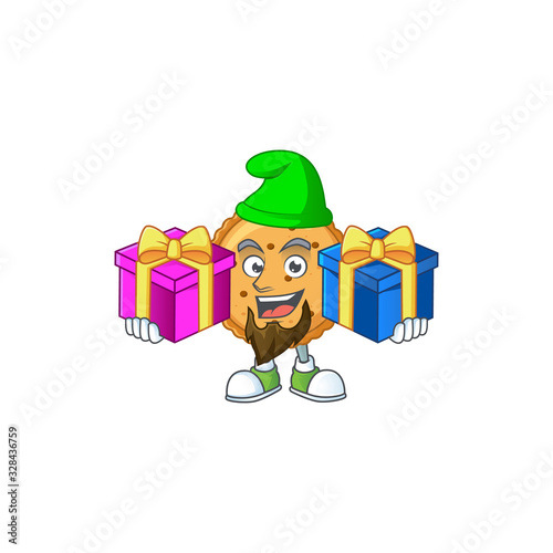 A charming peanut butter cookies cartoon mascot style with two boxes of gifts