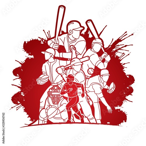Group of Baseball players action cartoon sport graphic vector.