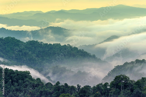 Sunrise tropical mountain Kaeng Krachan National Park Panoen Thung Mountain in Phetchaburi Thailand 