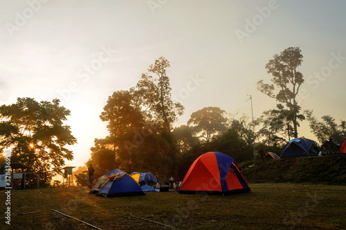 Sunrise camping tropical mountain Kaeng Krachan National Park Panoen Thung Mountain in Phetchaburi Thailand 