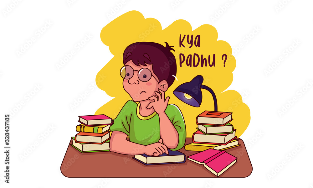 Vector cartoon illustration of boy at reading table. Kya padhu - what study  ? Isolated on white background. Stock Vector | Adobe Stock