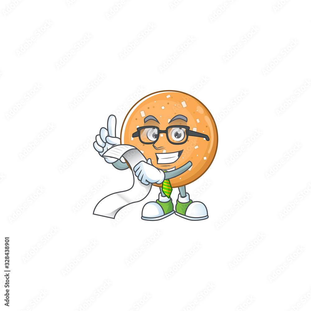 A funny face character of sugar cookies holding a menu