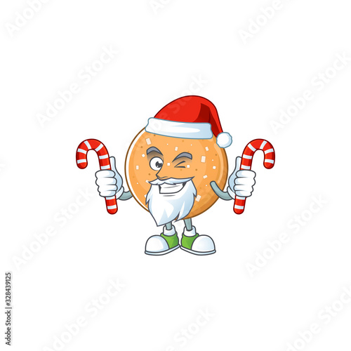 cartoon mascot style of sugar cookies in Santa costume with candy
