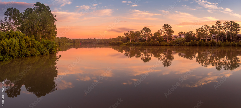 Panoramic River Sunrise with Colourful Sky