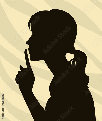 Original silhouette illustration of a woman pressing a finger to her lips making a silence please gesture