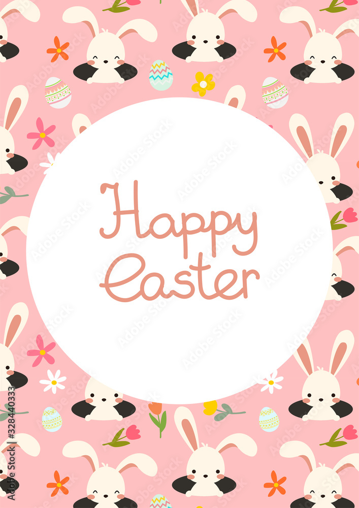 Vector Easter Rabbit in borrow, hollow and spring flowers, tulips nd decorative eggs. Pink Postcard with lettering