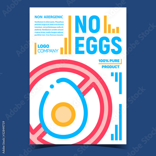 No Eggs Meal Creative Advertising Poster Vector. Non-allergenic Sliced Eggs Crossed Out Mark. Dietetic Pure Product Nutrition Concept Template Color Illustration